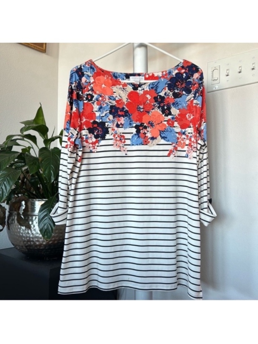 Charter Club Floral Striped Top/Shirt Sz L Boatneck Stretchy